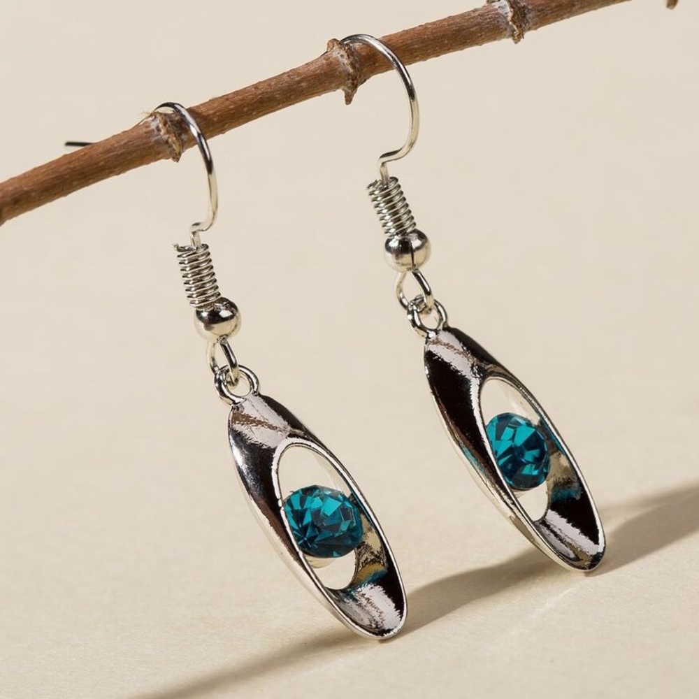 Silver Blue Crystal Ellipse Earrings